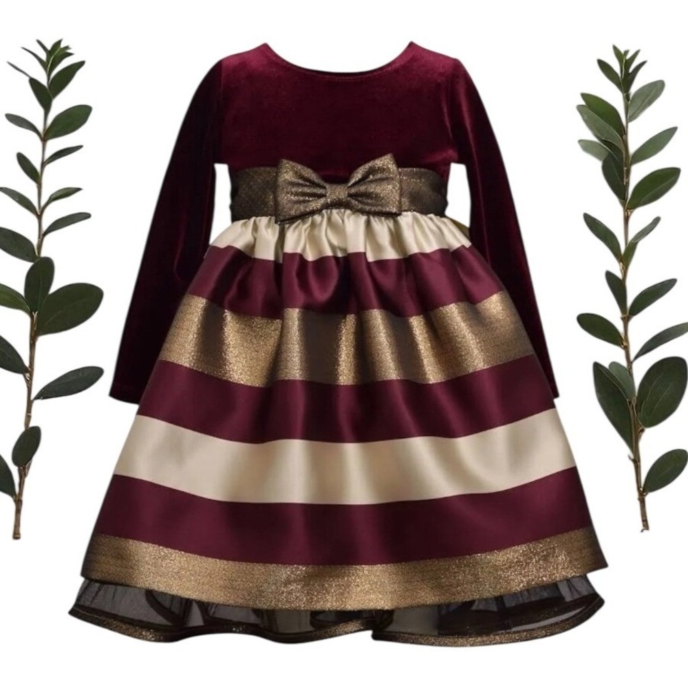 Bonnie Jean Girls Burgundy Velvet Gold Striped Holiday Party Dress X24962-DL 2T